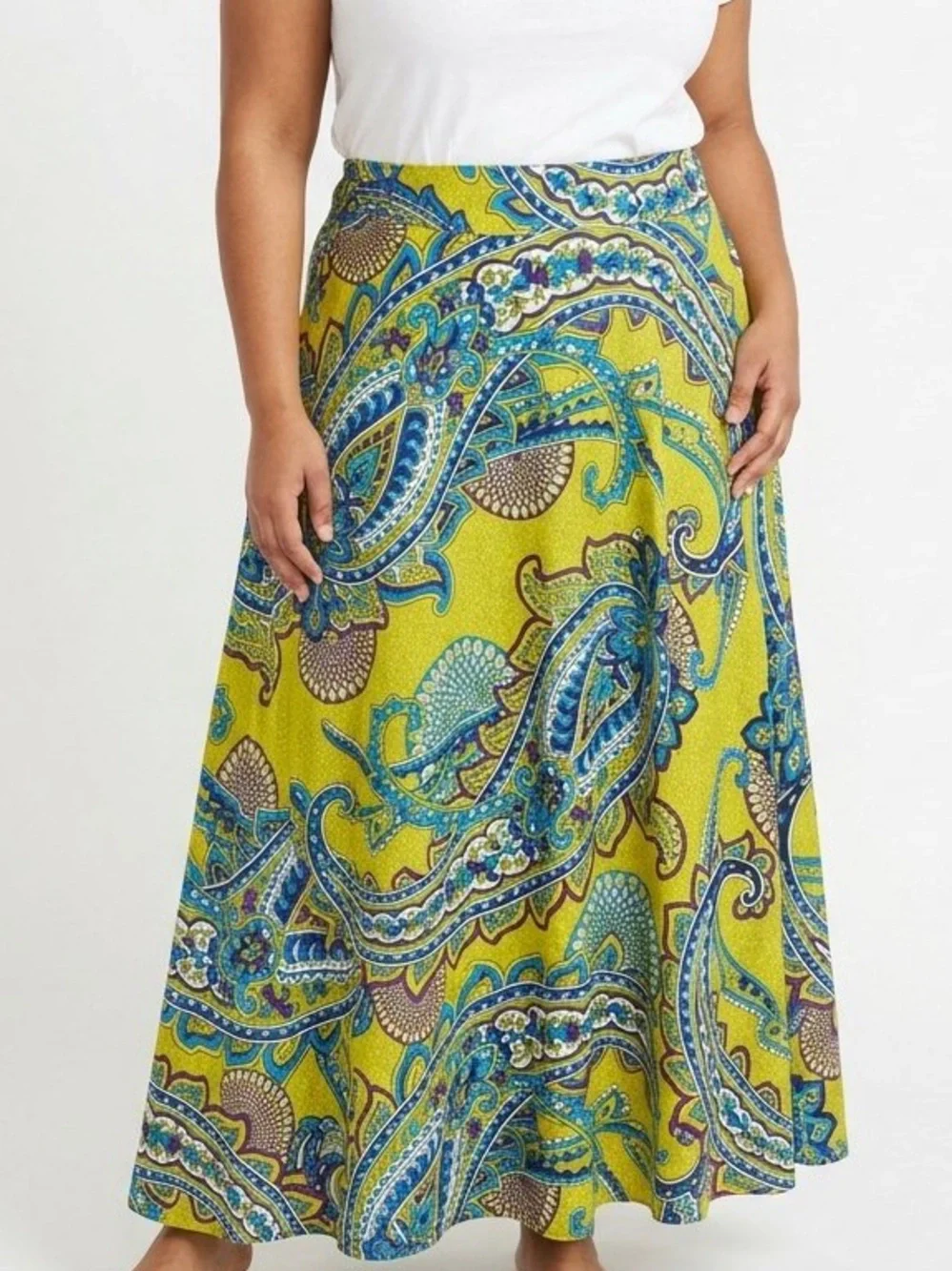 Ashley Stewart Lime & Blue Paisley Maxi Skirt